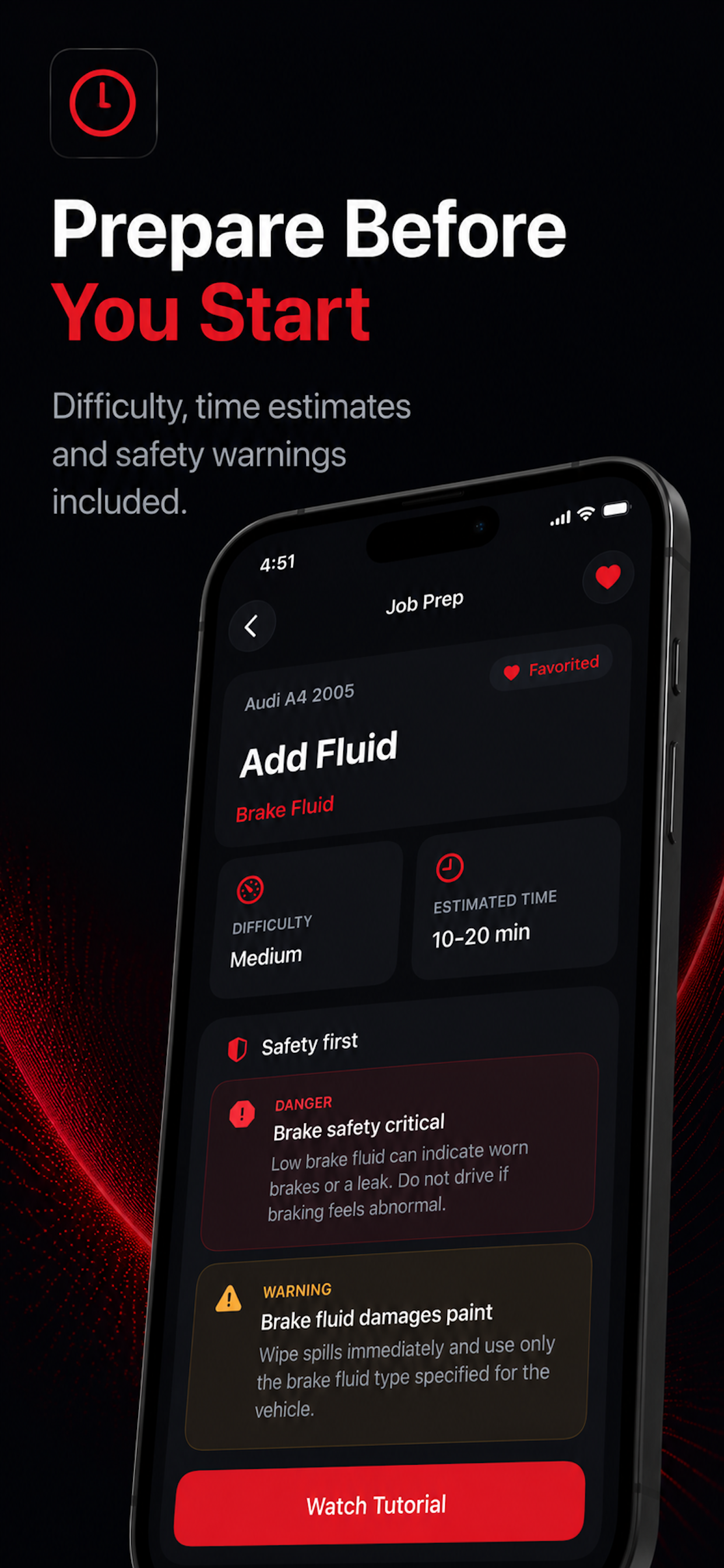 CarSavvy job prep screen with safety warnings