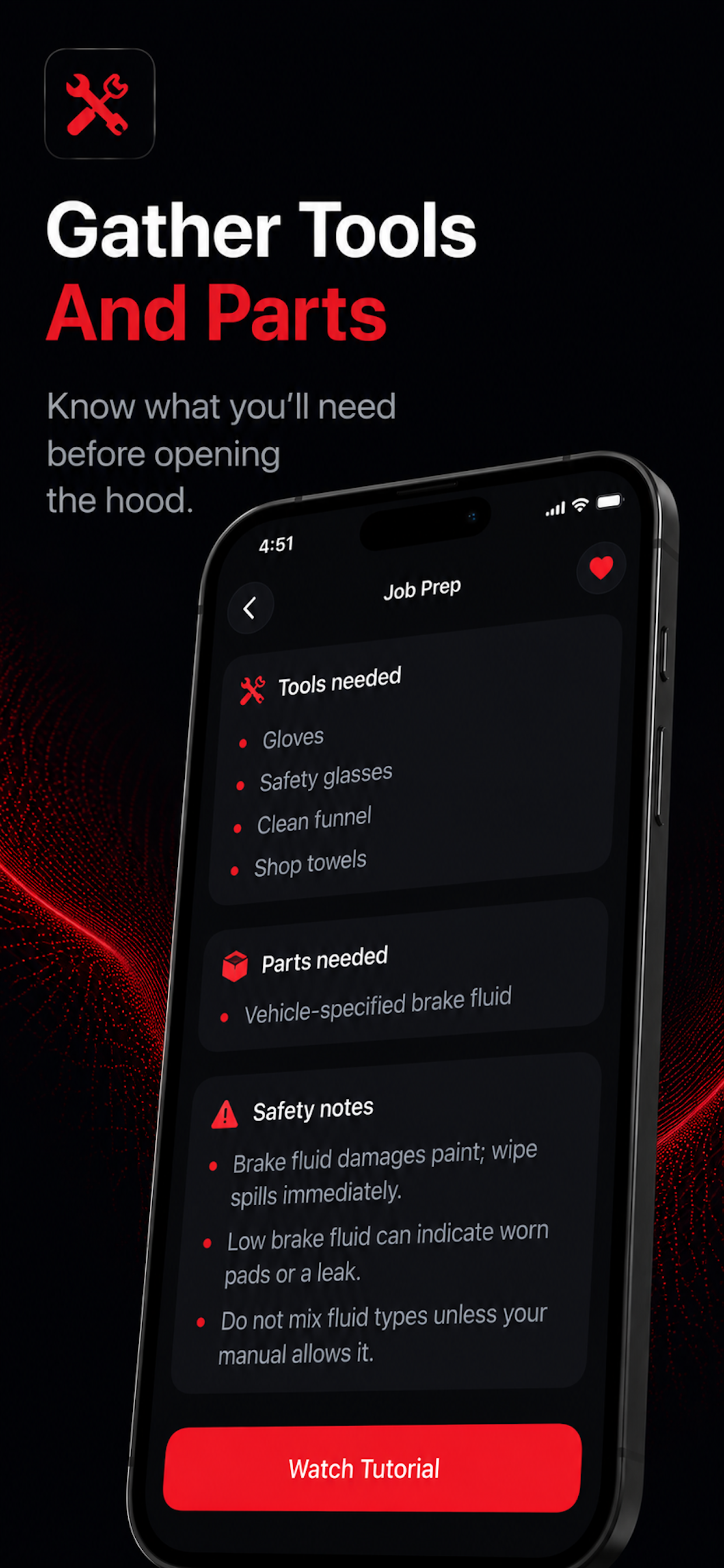 CarSavvy tools, parts, and safety notes screen