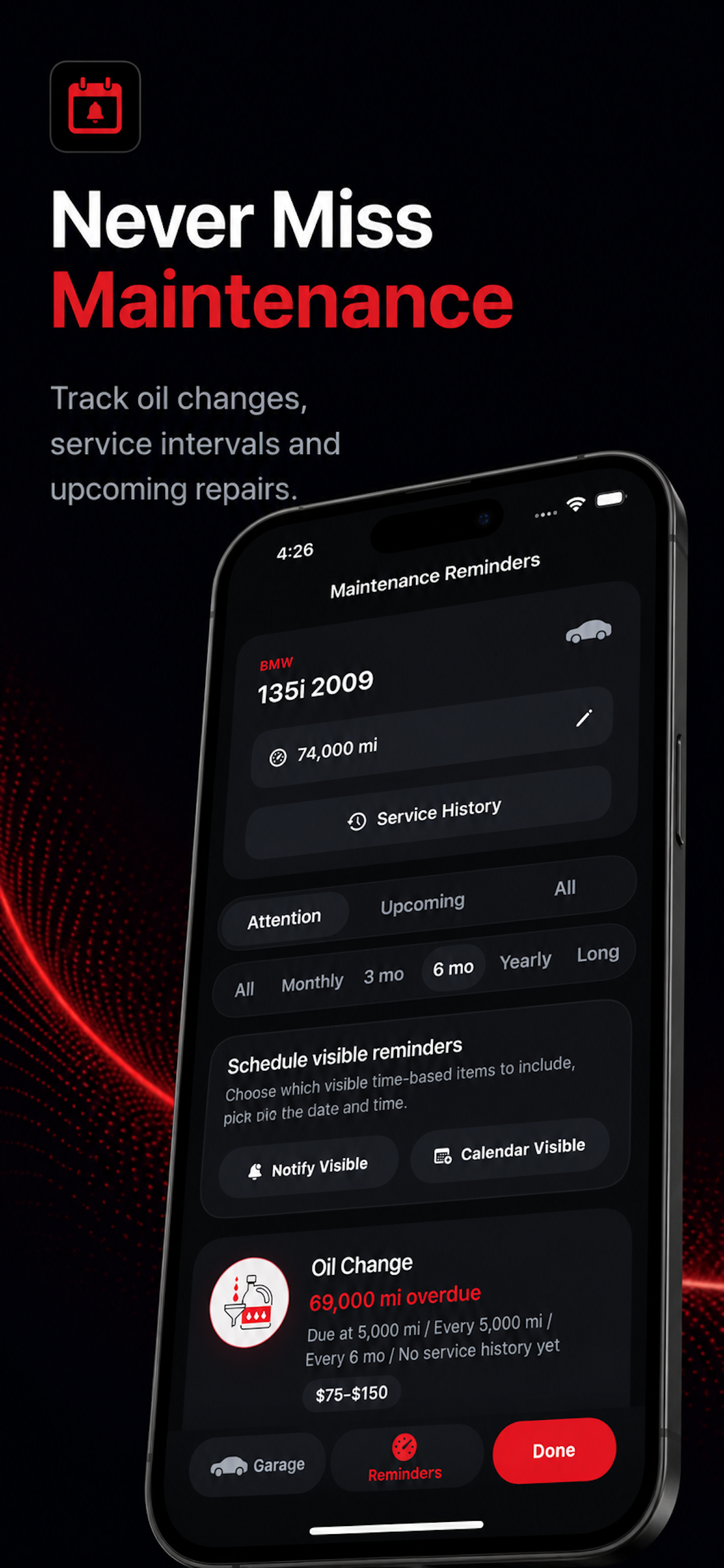 CarSavvy service history, garage, and maintenance reminder screen