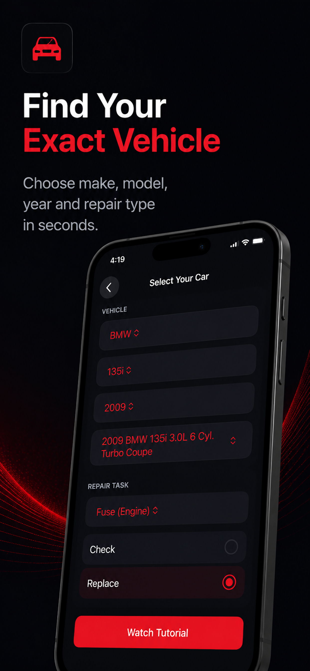 CarSavvy vehicle selection and repair task screen